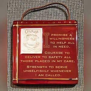 Fireman's Courage Tile Plaque Brugundy Red Gold Colors